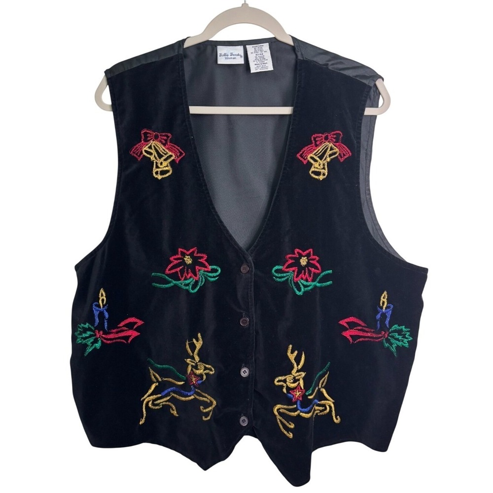 Vintage Velvet Christmas Vest Embroidered 22 24 Reindeer Bell Candle Poinsettia